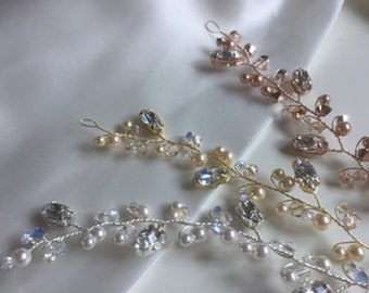 Crystals, Pearls sparkling bridal Hair Vine flexible hair design with Diamantès in Silver, Rose Gold or Gold Bridesmaids twinkle pins