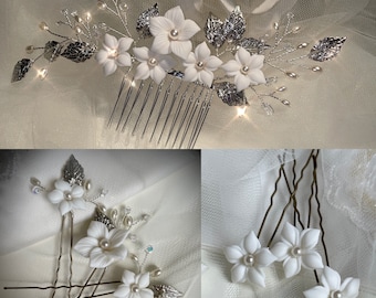 Floral/Pearl Hair Comb & Pins for Bride Bridesmaid Crystals  clay Flowers Ivory Pearls Hair Accessories for Wedding