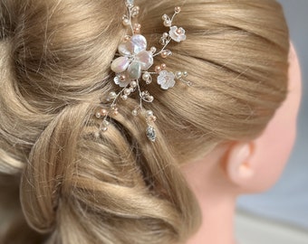Freshwater Pearls & Crystals,  delicate sparkling bridal Hair Pin design with Crystals in Champagne/Silk peachy colours and diamantés