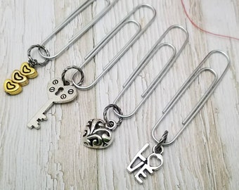 Paperclip Dangles, Set of 4 paperclips, LOVE Charms, Romantic charms, Friendship Charms, heart charm, key heart charm