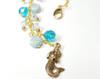 Planner Charm, Long planner charm dangle, Gold Mermaid Charm dangle, Beaded Charm Dangle, Glass Shell Charms, Teal and Blue Beads Charm