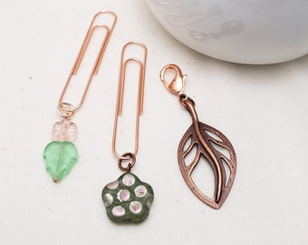 Planner Charm, Paperclips, Spring Mix, Set of 3, Rose Gold, Copper, Glass, Leaf, Flower