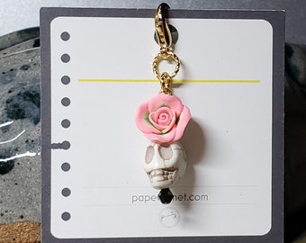 Planner Charm, Beige Skull with Pink and Green Flower, Charm for notebook, Skull Charm