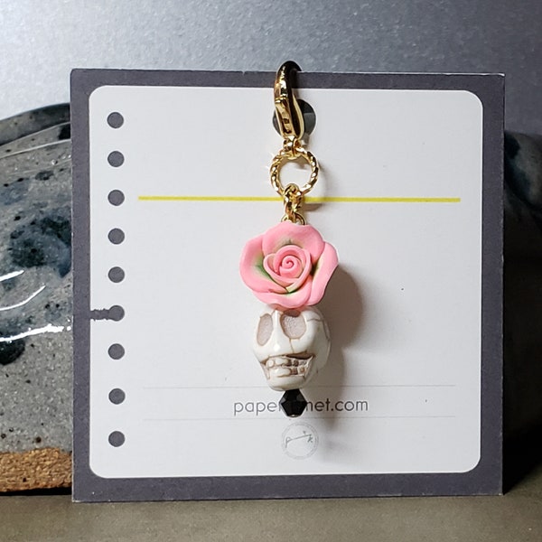 Planner Charm, Beige Skull with Pink and Green Flower, Charm for notebook, Skull Charm