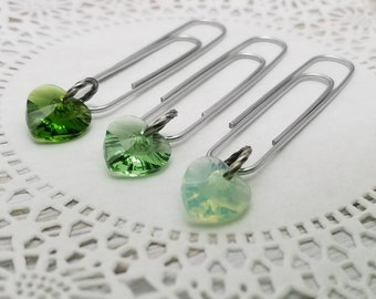 Paperclip Dangles, Swarovski Crystal Heart Dangles, Swarovski GREENS, Set of 3 paperclips