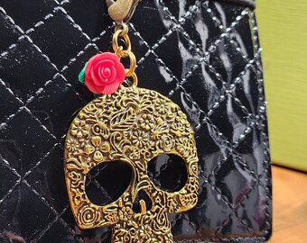 Large Skull Planner Charm | Goldtone Embossed Skull Charm | Antiqued Brass | Rose Charm