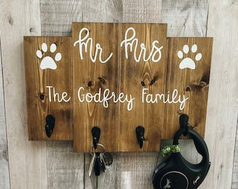 Custom Mr and Mrs Wedding Sign | His Hers Key and Dog Leash Holder for Wall | Engagement Gift For Future Mr Mrs | Dog Lover Entryway Decor