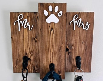 Mr & Mrs Dog Leash Holder | Rustic Wood Entryway Organizer
