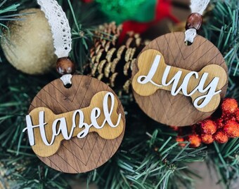 Personalized Dog Bone Christmas Ornament | Custom Pet Name, Walnut Wood