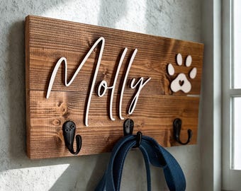 Personalized Dog Leash Holder with Name & Paw Print | Custom Entryway Pet Organizer