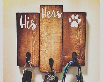 Dog Leash Holder | Entryway key holder | Dog leash sign | His hers key hooks for wall | Dog Mom Gift | Pet Lover Accessories and Dog Decor