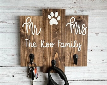 Customized Wedding Gift for a Couple | Family Name Sign | Custom Mr Mrs Dog Key Holder | Stained Wood Entryway Key Hooks With Last Name