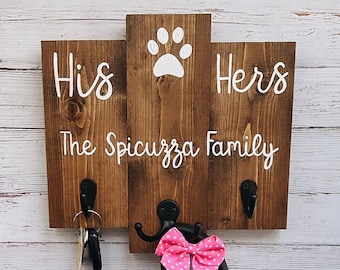 Customized Wedding Gift for a Couple | Family Name Sign | Custom Mr Mrs Dog Key Holder | Stained Wood Entryway Key Hooks With Last Name