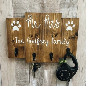 Custom Mr and Mrs Wedding Sign | His Hers Key and Dog Leash Holder for Wall | Engagement Gift For Future Mr Mrs | Dog Lover Entryway Decor