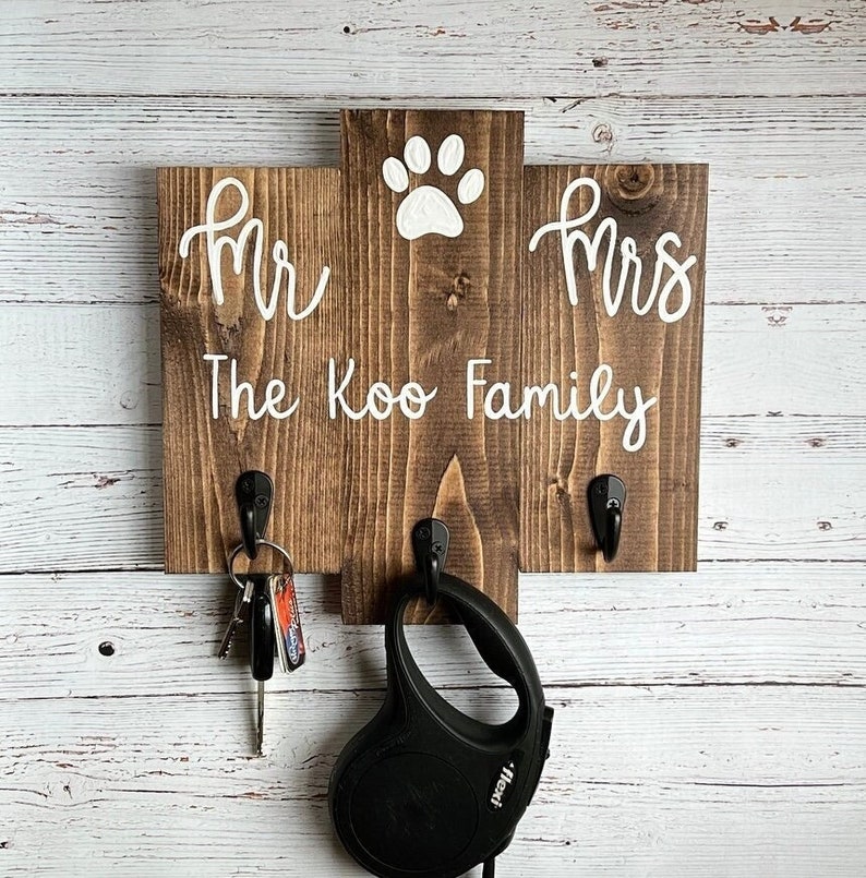 Couple Wedding Gift | Custom Family Name Sign | Mr Mrs Dog Key and Leash Holder | Stained Wood Entryway Key Hooks With Last Name