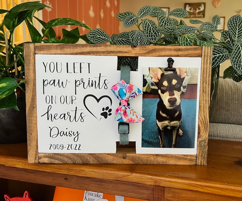 May include: A wooden frame with a white background and black text that reads "You left paw prints on our hearts Daisy 2009-2022". A photo of a brown and black dog is in the frame with a blue and pink floral bow tie.
