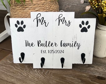 Custom Wedding Gift For Couple | Future Mr and Mrs | Key and Dog Leash Holder for Wall | Family Last Name Wood Sign | Dog Lover Gift Idea