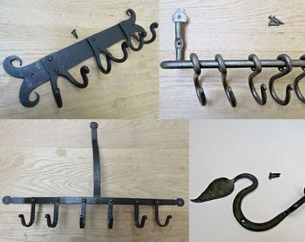 HAND FORGED blacksmith wrought iron cottage country kitchen pot pan rack hook rail country farmhouse utensil hanger hooks sliding s hook