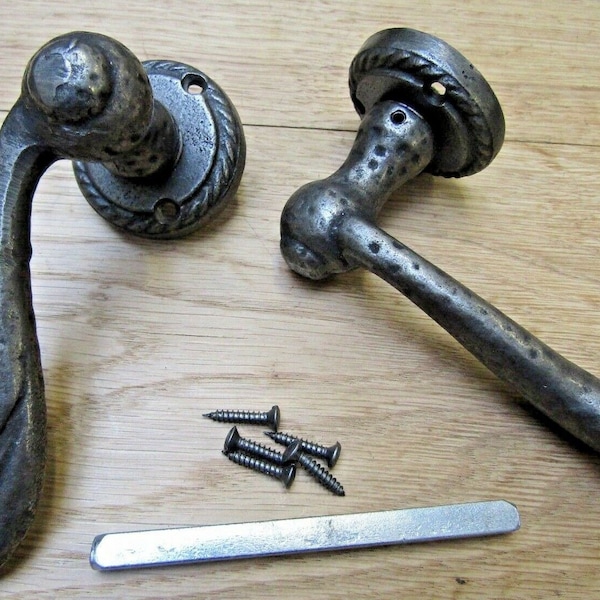 HAMMERED CAST IRON rustic lever on rose door handles old vintage Industrial antique iron finish