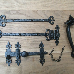 Black Antique CAST IRON CORONET hinges and 9&quot; cottage thumb latch vintage Tudor gothic old style ornate door tee hinges t hinge set