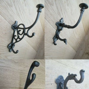 Cast iron Rustic Vintage victorian retro old coat hanging hook peg hanger large quad triple double hook antique ornate decorative fancy