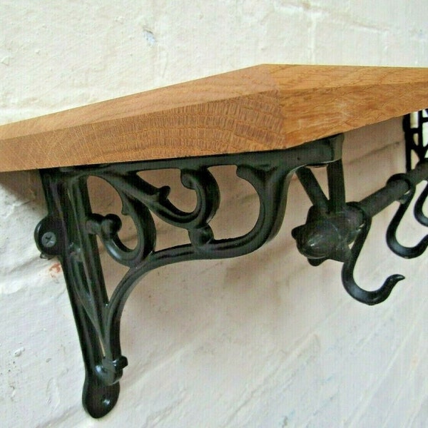 Solid Oak Wooden Shelf rustic vintage victorian cast iron brackets & Kitchen utility pot pan hooks rail country farmhouse kitchen