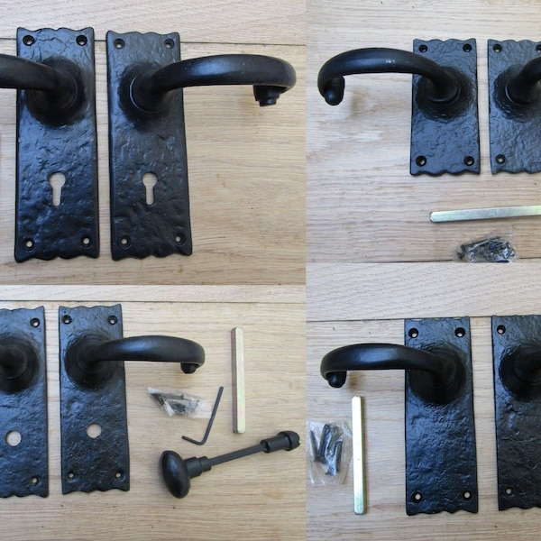 Pair Of MERLIN BLACK ANTIQUE cast iron Sprung lever mortise lock latch bathroom door handles vintage old cottage country style