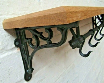 Solid Oak Wooden Shelf rustic vintage victorian cast iron brackets & Kitchen utility pot pan hooks rail country farmhouse kitchen