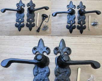 Pair Of FLEUR DE LYS Black Antique cast iron Sprung lever mortise lock latch bathroom door handles vintage old cottage country style
