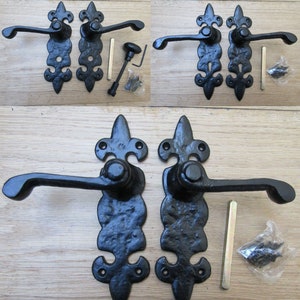 Pair Of FLEUR DE LYS Black Antique cast iron Sprung lever mortise lock latch bathroom door handles vintage old cottage country style