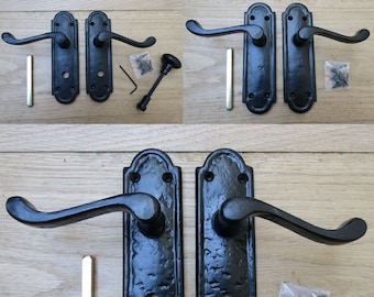 Pair Of CAMBRIDGE BLACK ANTIQUE cast iron Sprung lever mortise lock latch bathroom door handles vintage old cottage country style
