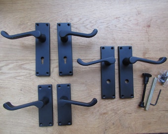 PAIR of MATT BLACK Sprung lever mortise lock latch bathroom door handles victorian scroll style