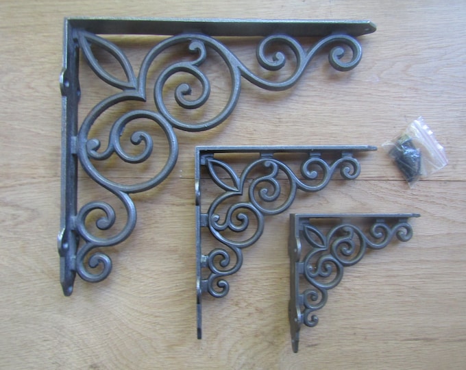 Featured listing image: PAIR of PALACE SCROLL Cast iron antique old Rustic vintage retro scaffold shelf brackets Shelf Bracket ornate decorative fancy