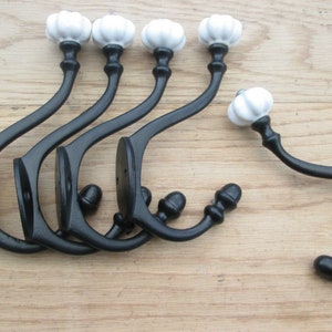 Pack Of 5 SMALL PUMPKIN CERAMIC Black white hook Cast iron Rustic hat and coat hooks vintage retro old antique hanging hooks pegs Black