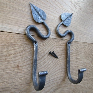 Pair of 7&quot; SWIRL LEAF HOOKS Hand forged blacksmith rustic wrought iron hook vintage old country hanging hook cottage handforged Antique iron