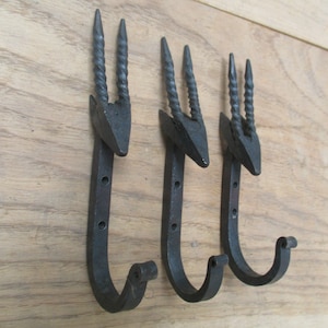 Pack of 3 GAZELLE HANDFORGED Blacksmith rustic wrought iron hooks vintage old country iron hanging hooks cottage kitchen hand forged