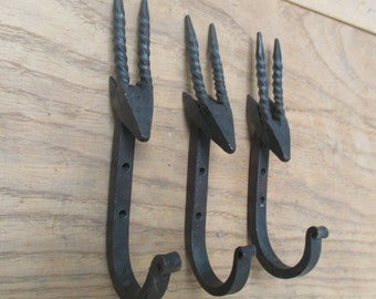 Pack of 3 GAZELLE HANDFORGED Blacksmith rustic wrought iron hooks vintage old country iron hanging hooks cottage kitchen hand forged