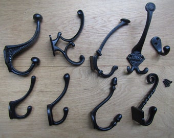 PACK of 5 Cast iron Black antique rustic vintage old hat and coat hooks retro shabby chic industrial pegs OVER 50 DESIGNS to choose from