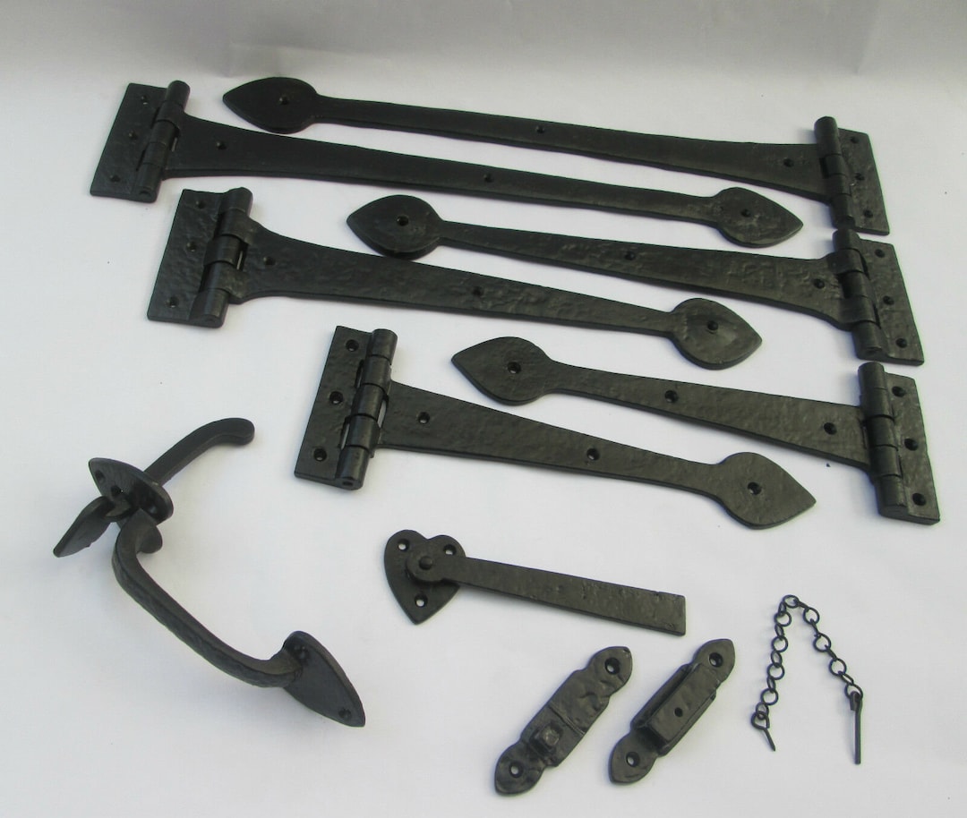 Black Antique Cast Iron hinges and cottage thumb latch vintage Tudor gothic old style ornate