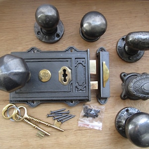 SOLID CAST IRON Door Rim Knob & Davenport Rim lock Antique iron rustic vintage country cottage victorian door knobs pull handles
