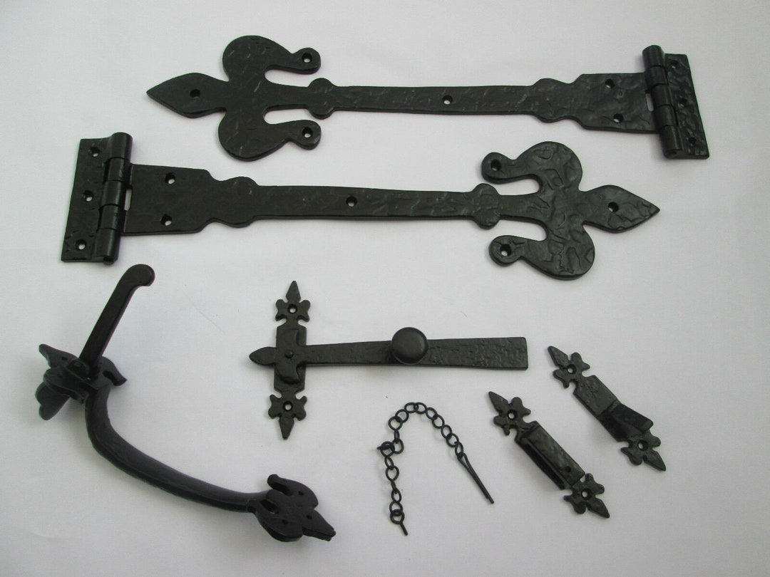 Black Antique Cast Iron FLEUR DE LYS Hinges and 9 Cottage Thumb Latch