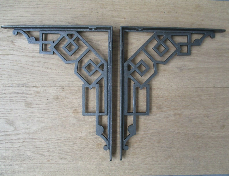 PAIR of ART DECO Cast iron antique old Rustic vintage retro scaffold shelf brackets Shelf Bracket ornate decorative fancy 12" ART DECOR