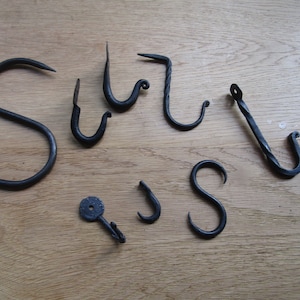 Pack of 5 HANDFORGED BLACKSMITH rustic wrought iron hooks vintage old country iron hanging hooks cottage kitchen hand forged BLACK
