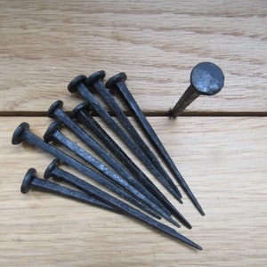 May include: A set of ten black wrought iron nails with rounded heads. The nails are arranged in a fan shape on a wooden surface.