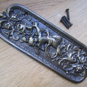 ANTIQUE BRASS cast iron rustic old victorian ornate vintage style decorative fancy finger plate door push plate CHERUB