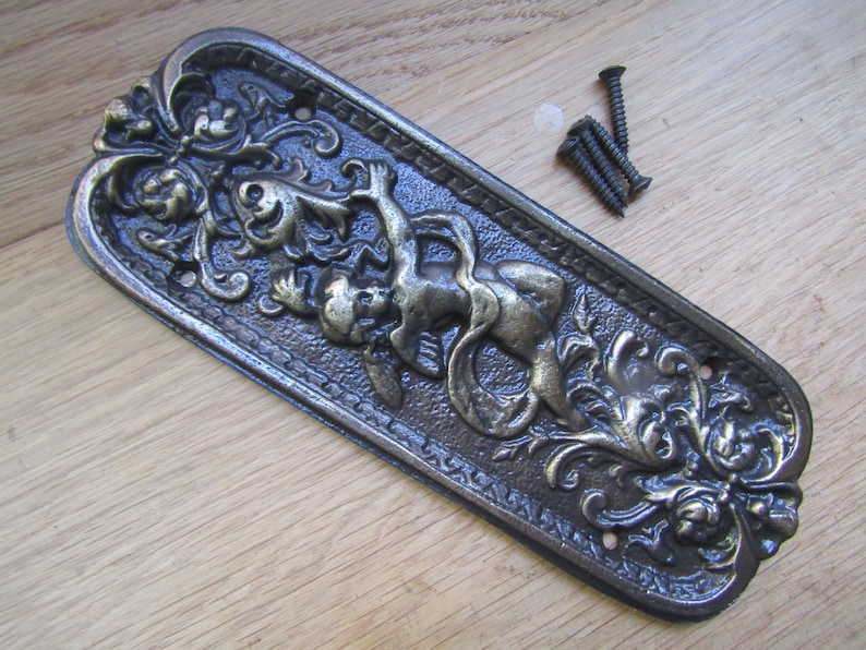 ANTIQUE BRASS cast iron rustic old victorian ornate vintage style decorative fancy finger plate door push plate CHERUB