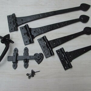 Cast Iron FDL Door Hinges & 9" Cottage Thumb Latch Set – Vintage Tudor Gothic Finish