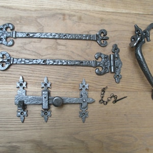 Antique CAST IRON CORONET hinges and 9&quot; cottage thumb latch vintage Tudor gothic old style ornate door tee hinges t hinge set