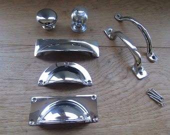 Solid brass POLISHED CHROME Vintage Kitchen furniture cabinet cupboard drawer pull handles knobs rustic vintage retro upcycle restoration