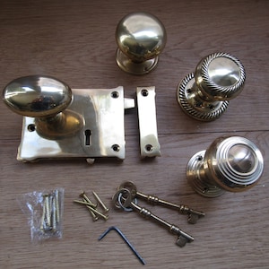 SOLID BRASS PLAIN Eastlake Rim Lock & knob set old vintage victorian retro style country cottage door pull handles